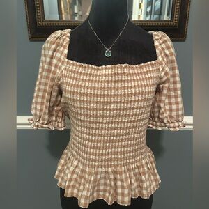J. Crew gingham tan and cream rouched blouse with puff sleeves size large
